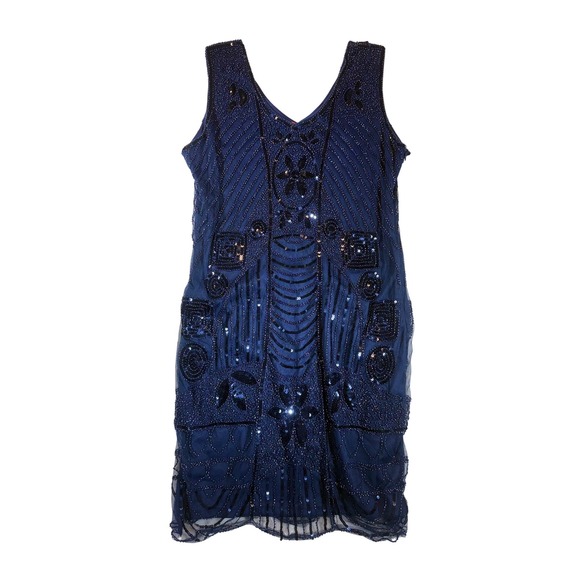 Kaymiga Dresses & Skirts - Kaymiga Women's Navy Blue Beaded Sequin Flapper Dress V-Neck Sleeveless